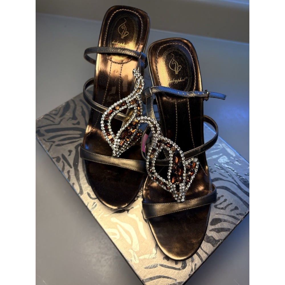 Y2K Baby Phat Rare Grail Metallic Bronze Crystal Cat Logo T-Strap Wedge Sandals